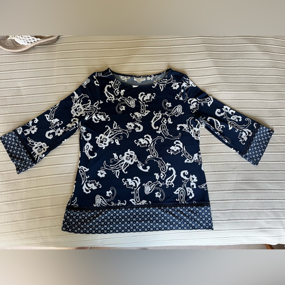 Charter Club Navy and Cream Floral Top